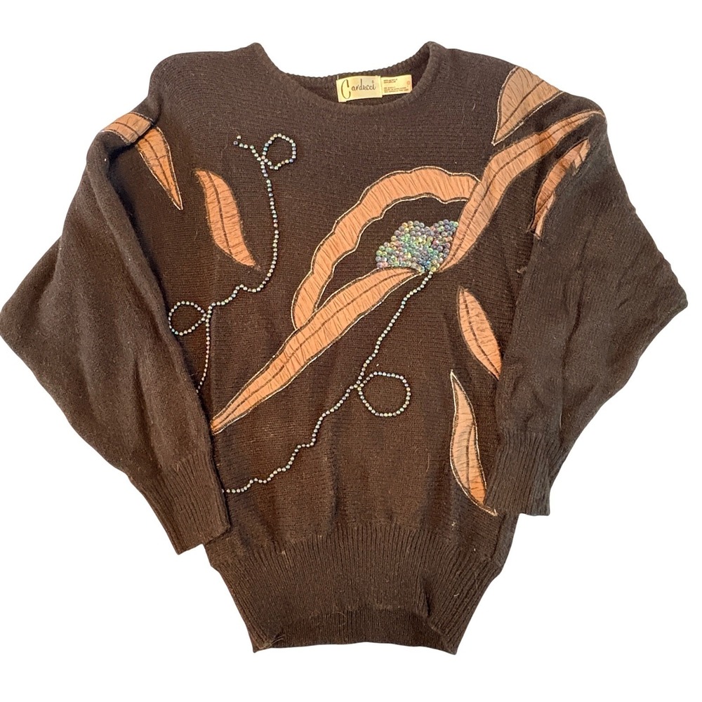 Carducci Vintage Beaded Abstract Applique Sweater Womens Small Brown Oversized